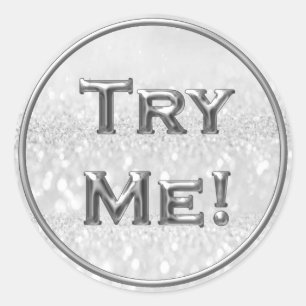 Try Me Glitter Silver Grey Tester Sample Container Classic Round Sticker