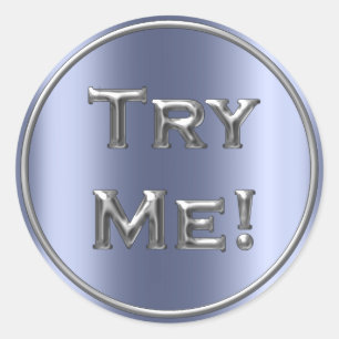 Try Me Silver Grey Blue Tester Sample Containers Classic Round Sticker