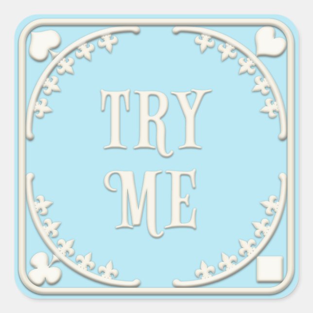 "Try Me" Wonderland Tea Party Inviting Blue Square Sticker (Front)