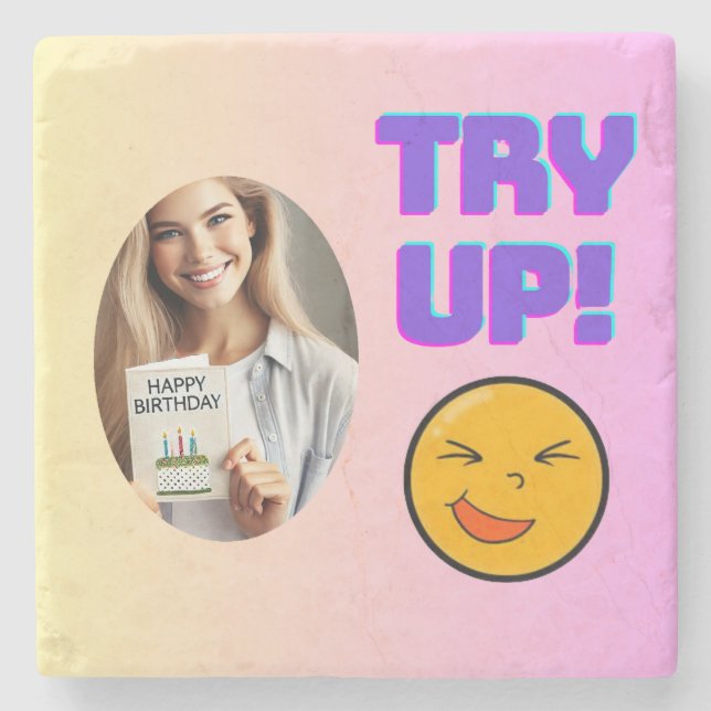 Try Up! Fun Emoji Design for Holiday Cheer Stone Coaster (Front)