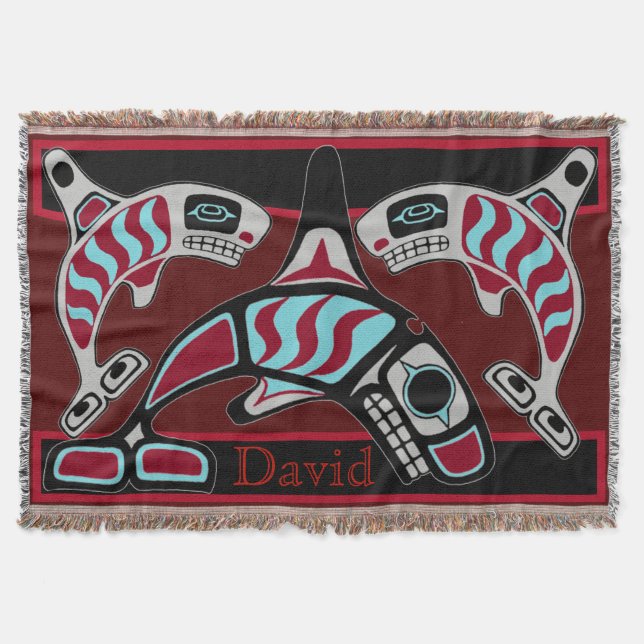 Tsimpsian Killer Whale Trio Throw Blanket (Front)