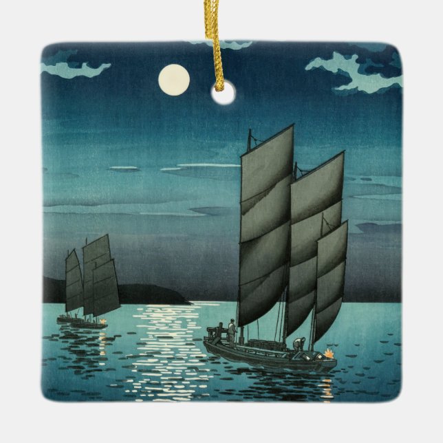 Tsuchiya Koitsu - Boats at Shinagawa, Night Ceramic Ornament (Front)