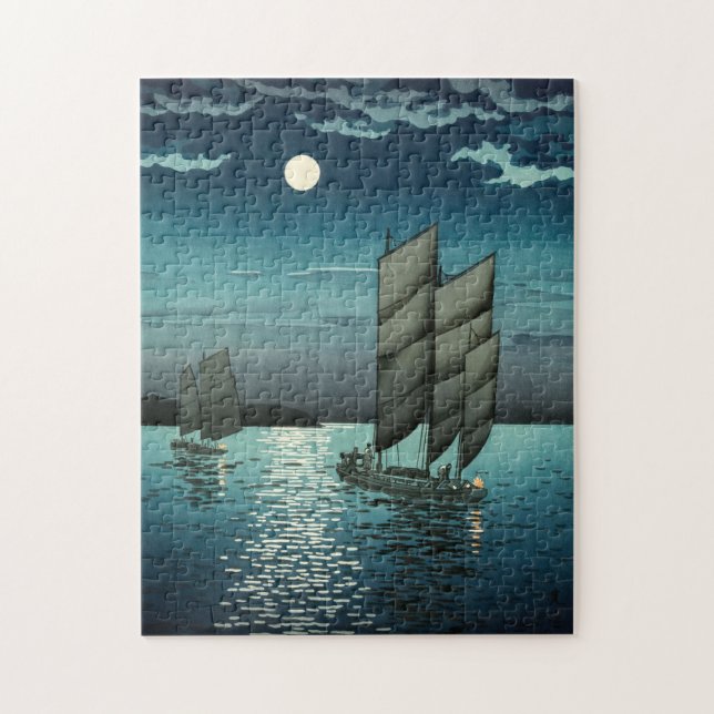 Tsuchiya Koitsu - Boats at Shinagawa, Night Jigsaw Puzzle (Vertical)