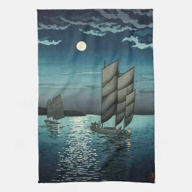 Tsuchiya Koitsu - Boats at Shinagawa, Night Kitchen Towel (Vertical)