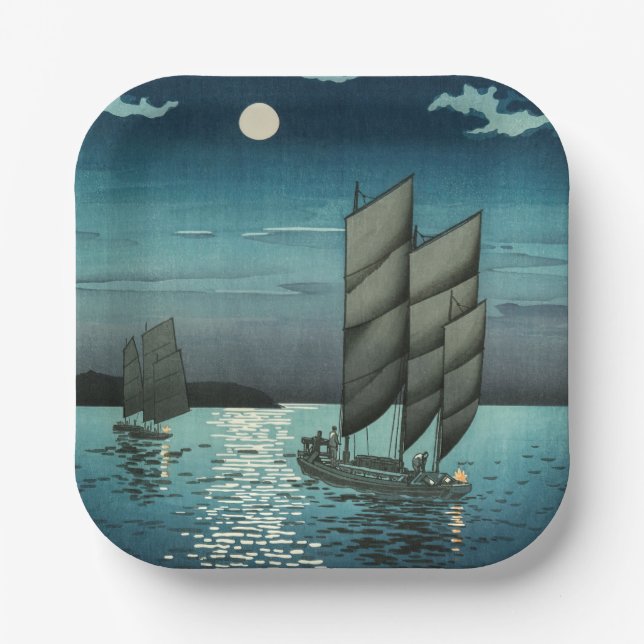 Tsuchiya Koitsu - Boats at Shinagawa, Night Paper Plate (Front)