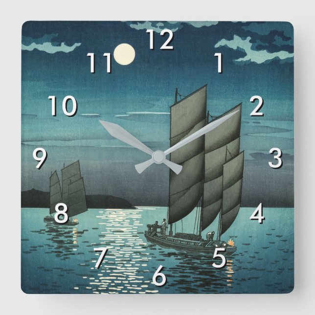 Tsuchiya Koitsu - Boats at Shinagawa, Night Square Wall Clock (Front)