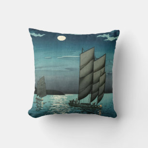 Tsuchiya Koitsu - Boats at Shinagawa, Night Throw Pillow