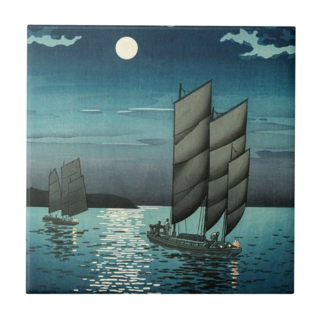 Tsuchiya Koitsu - Boats at Shinagawa, Night Tile (Front)