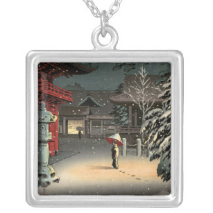 Tsuchiya Koitsu - Snow at Nezu Shrine Silver Plated Necklace