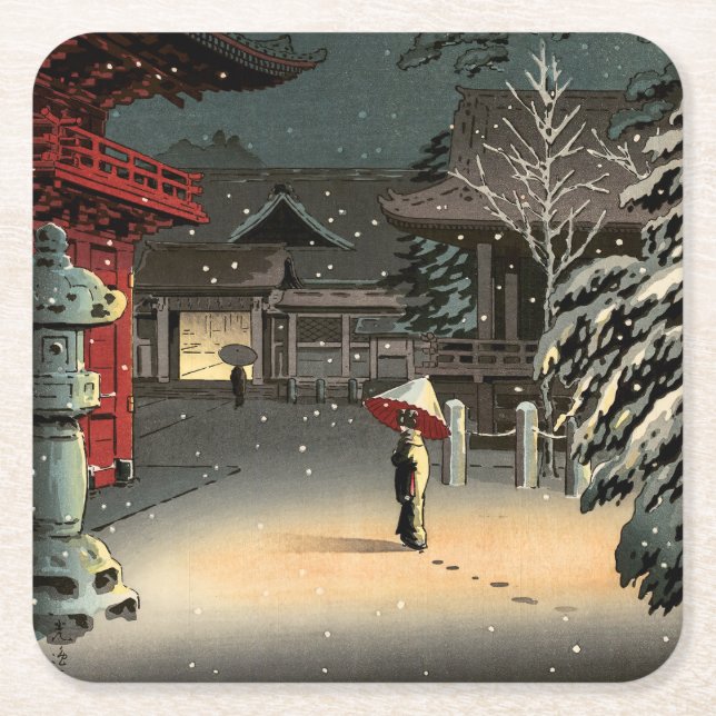Tsuchiya Koitsu - Snow at Nezu Shrine Square Paper Coaster (Front)