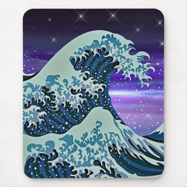 Tsunami Blue Wave with Stars Asian Artistic Mouse Pad (Front)