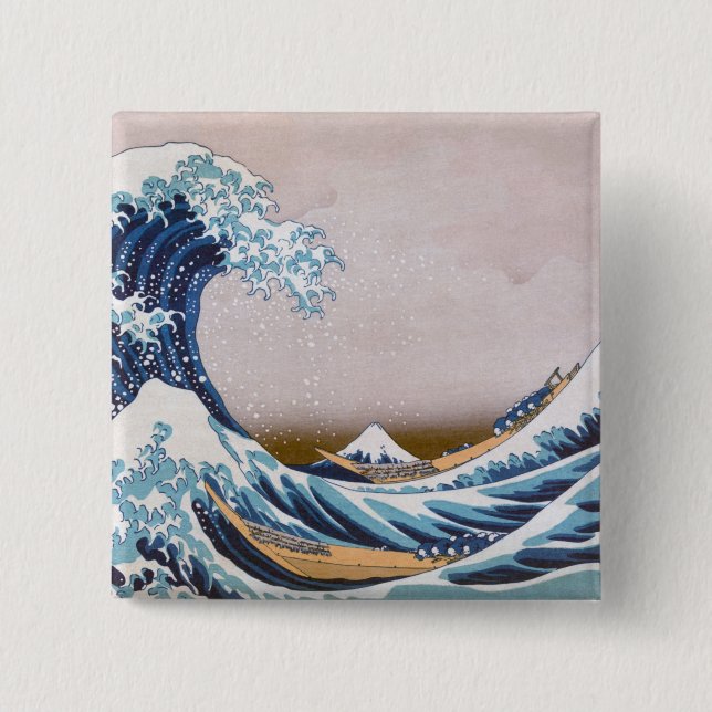 Tsunami Great Wave off Kanagawa Japan by Hokusai 2 Inch Square Button (Front)