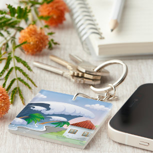Tsunami Wave Hitting Coastal Road Tropical Storm Keychain