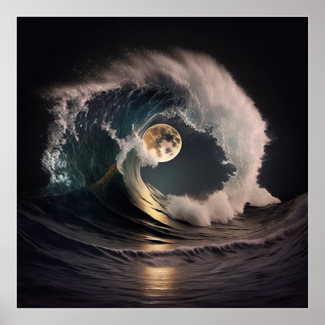 Tsunami wave in the glow of moonlight. poster (Front)
