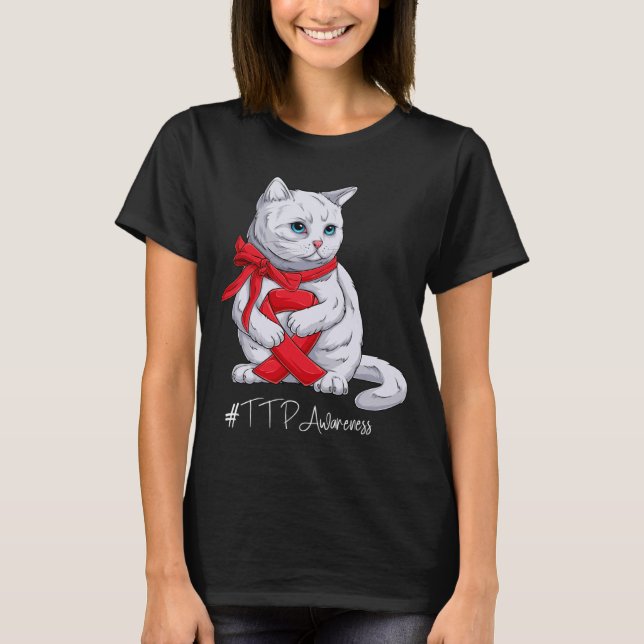 TTP Awareness Month Red Ribbon Cat T-Shirt (Front)
