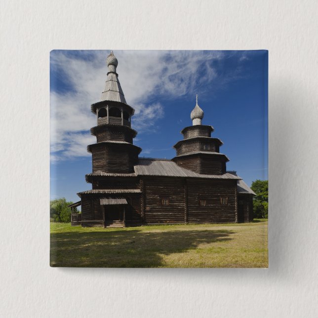 Ttraditional wooden Russian Orthodox church 2 Inch Square Button (Front)