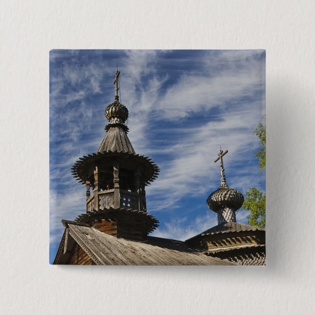 Ttraditional wooden Russian Orthodox church 2 Inch Square Button (Front)