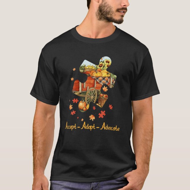 Tu Puzzle Autism Awareness Pumpkin Sunflower Fall  T-Shirt (Front)