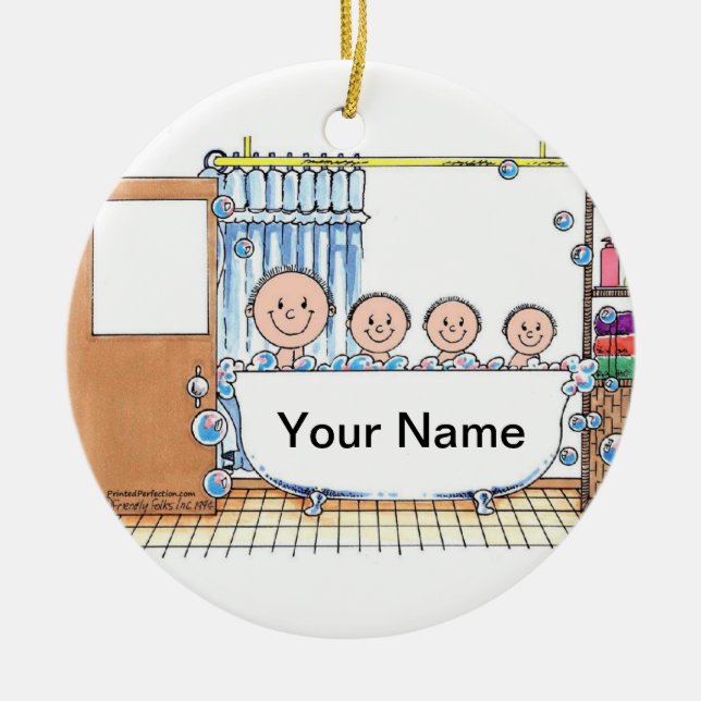 Tub Time, Three Children with Dad Ceramic Ornament (Front)