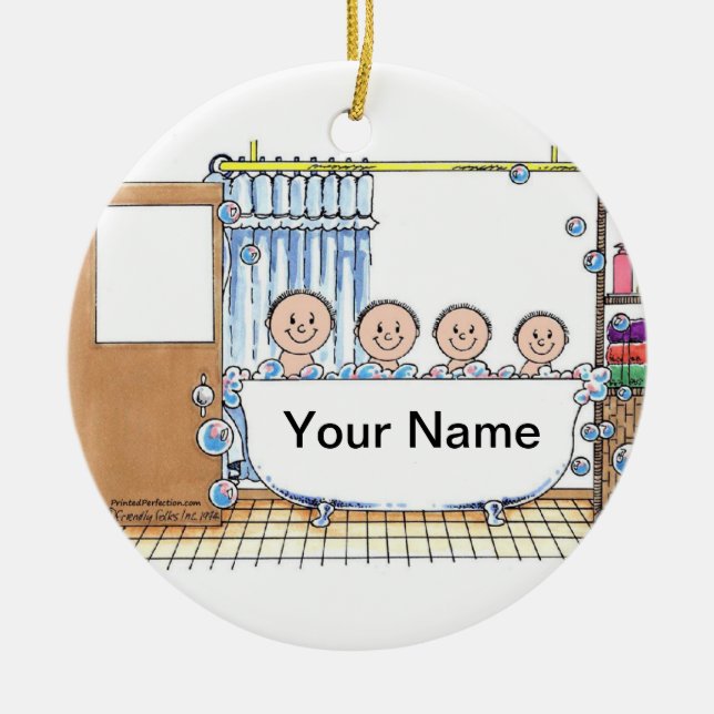 Tub Time - Three children, with Dad Ceramic Ornament (Front)
