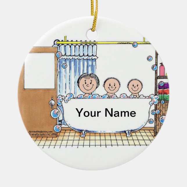 Tub Time - Two Children with Mom Ceramic Ornament (Front)