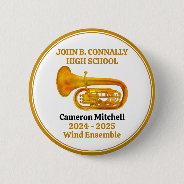 Tuba High School Band Gold Personalized 2 Inch Round Button (Front)