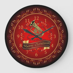 Tuba ~ Merry Christmas ~ Maroon & Black ~  Large Clock