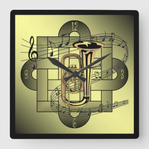 Tuba~Musical Scale~Double Knot Graphic~Gold/Black Square Wall Clock
