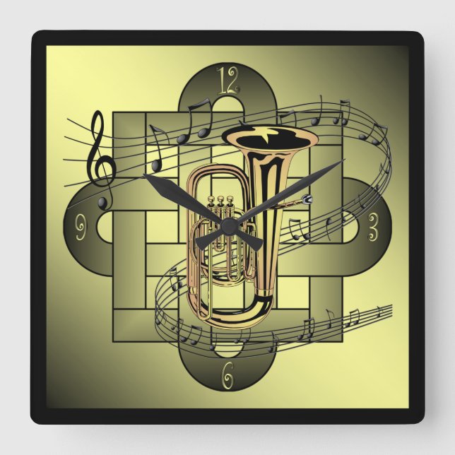 Tuba~Musical Scale~Double Knot Graphic~Gold/Black Square Wall Clock (Front)