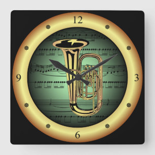 Tuba on Sheet Music ~ Green on Gold Background ~ Square Wall Clock