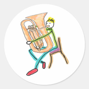 Tuba Playing Stickman Classic Round Sticker