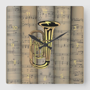 Tuba ~ Rolled Sheet Music Background ~ Musical Square Wall Clock