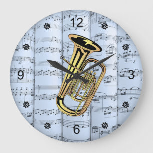 Tuba ~ Rolled Sheet Music ~ Blue Tint Background ~ Large Clock