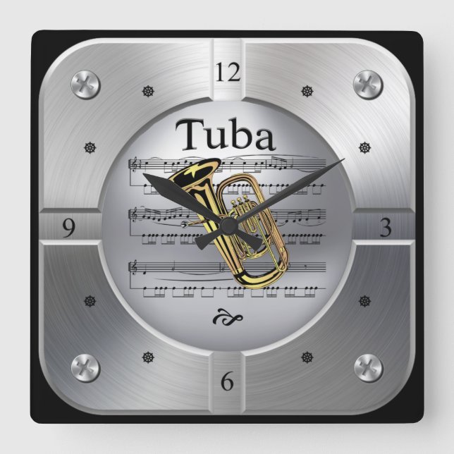 Tuba ~ Sheet Music ~ Brushed Silver Color ~ Square Wall Clock (Front)