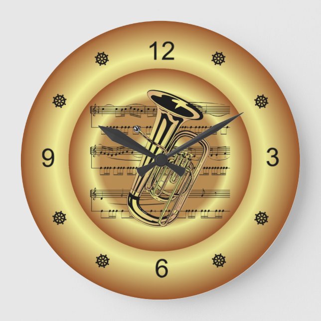 ~ Tuba ~  Sheet Music ~ Gold Background ~  Large Clock (Front)