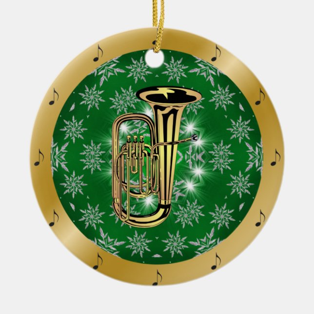 Tuba ~ Silver ~ Green ~ Gold ~ Christmas ~ Ceramic Ornament (Front)