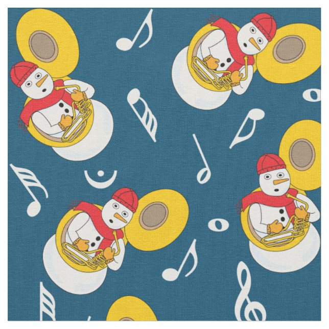 Tuba Snowman Music Notes Fabric (Close Up)