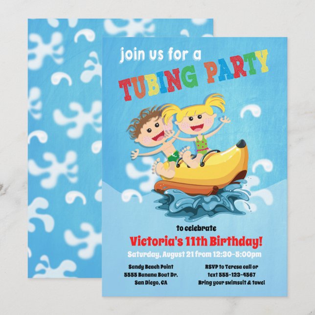 Tubing banana boat birthday party invitations (Front/Back)