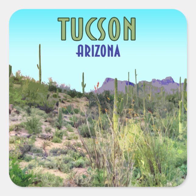 Tucson Arizona Cactus and Mountain Vintage Square Sticker (Front)