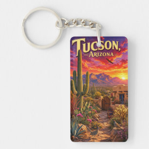Tucson Arizona Desert Sunset Saguaro Cactus Travel Keychain