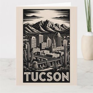 Tucson Arizona Skyline Black White Woodcut Card
