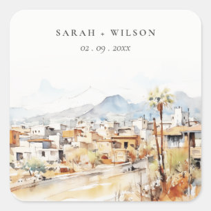 Tucson, Arizona Watercolor Landscape Wedding Square Sticker