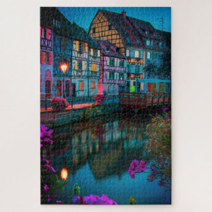 Tudor Cottage house night on river in France Jigsaw Puzzle