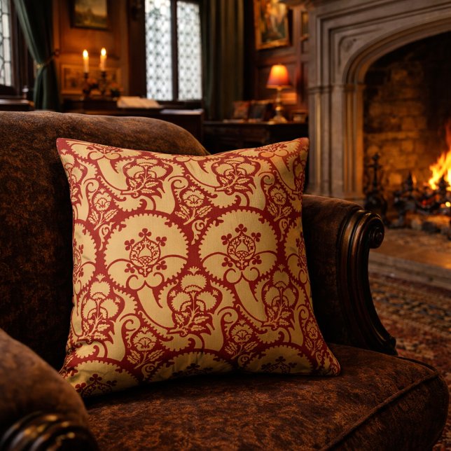 Tudor Era Floral Brocade Print Pattern Throw Pillow (Creator Uploaded)