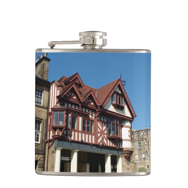 Tudor oak frame building, Edinburgh, Scotland Hip Flask (Front)