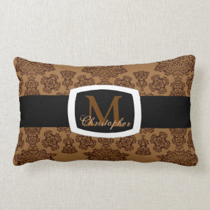 Tudor Rose Damask (Brown) (Monogram) Lumbar Pillow