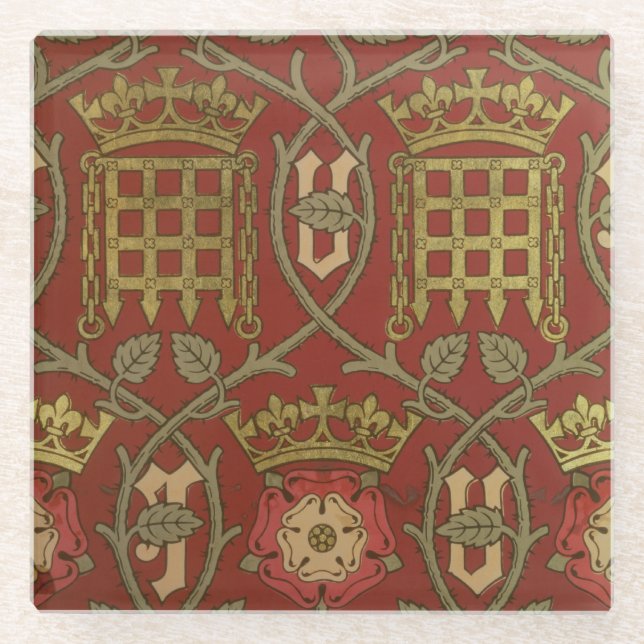 'Tudor Rose', reproduction wallpaper designed by S Glass Coaster (Front)