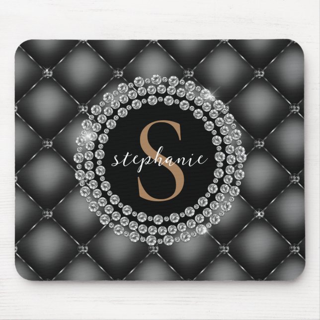 Tufted Black Diamonds Gold Monogram Elegant Luxury Mouse Pad (Front)