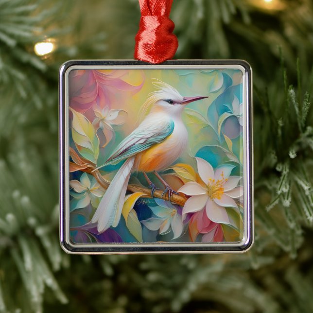 Tufted Golden Rumped Fantasy Bird Metal Ornament (Tree)