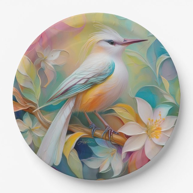 Tufted Golden Rumped Fantasy Bird Paper Plate (Front)